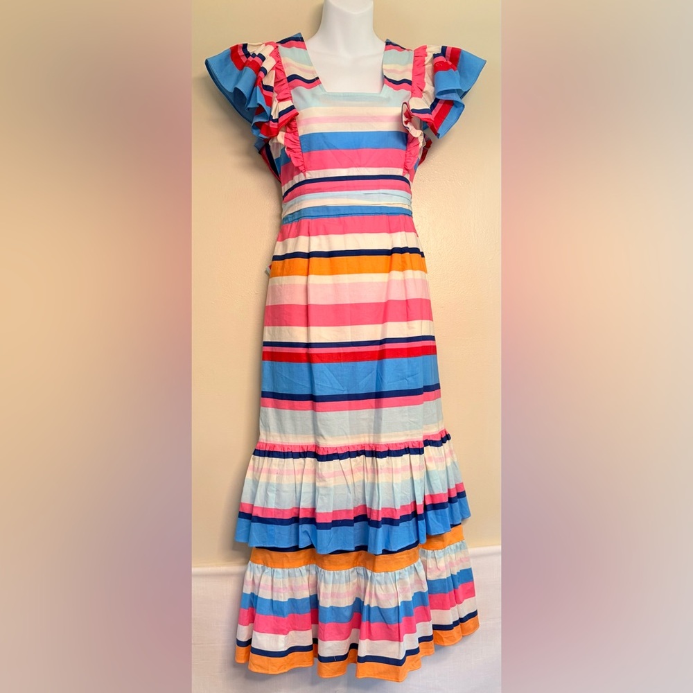 Anthropologie Plenty by Tracy Reese Ruffled Rainbow Striped Midi Dress S‎
